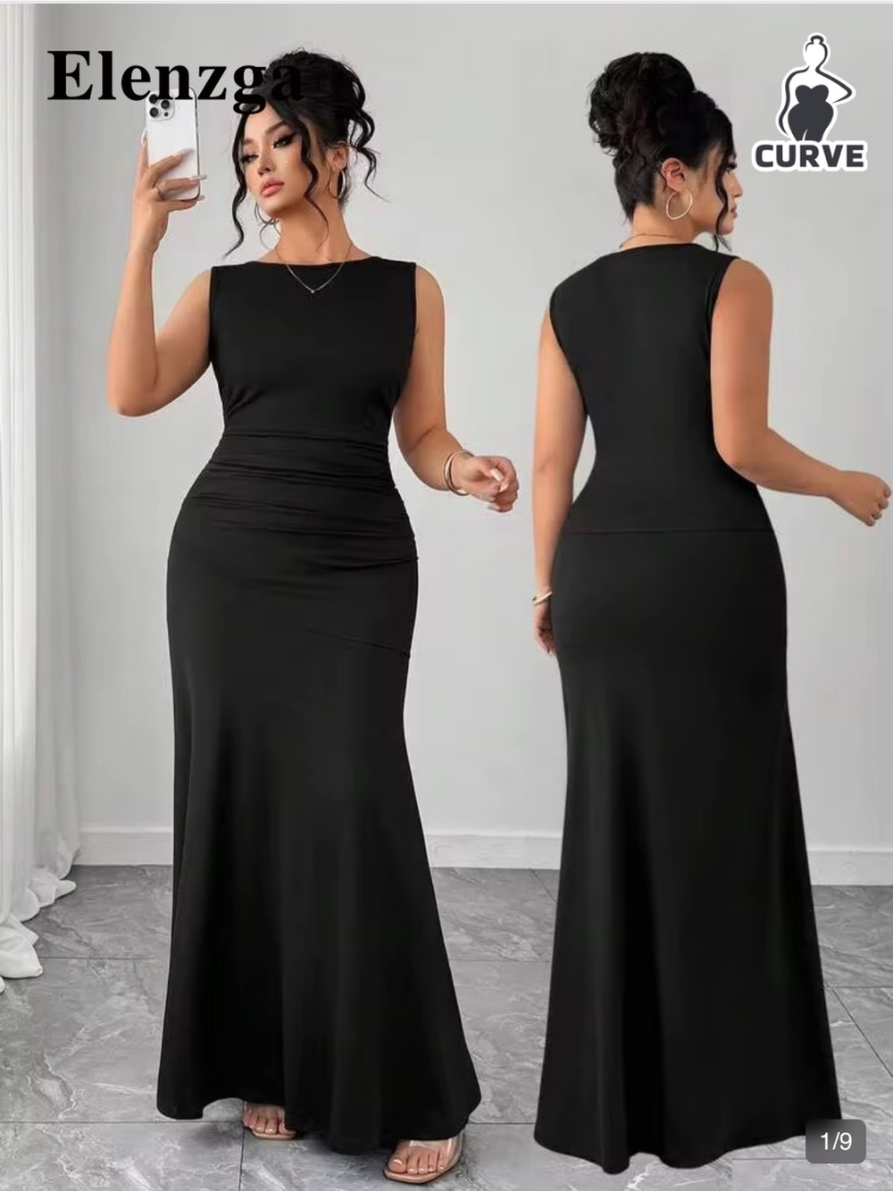 SHEIN Curve Black Sleeveless Ruched Maxi Dress